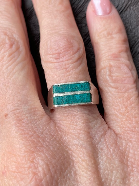 Jewelry - Turquoise Inlay Signet Ring in Sterling with Mexico and Maker Hallmarks, 6.5